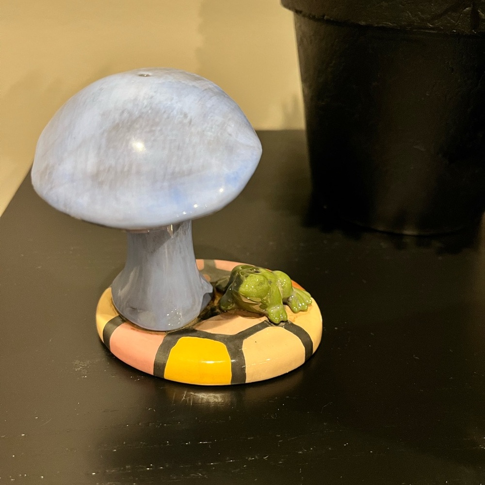 Blue Mushroom Figurine with Frog Accent